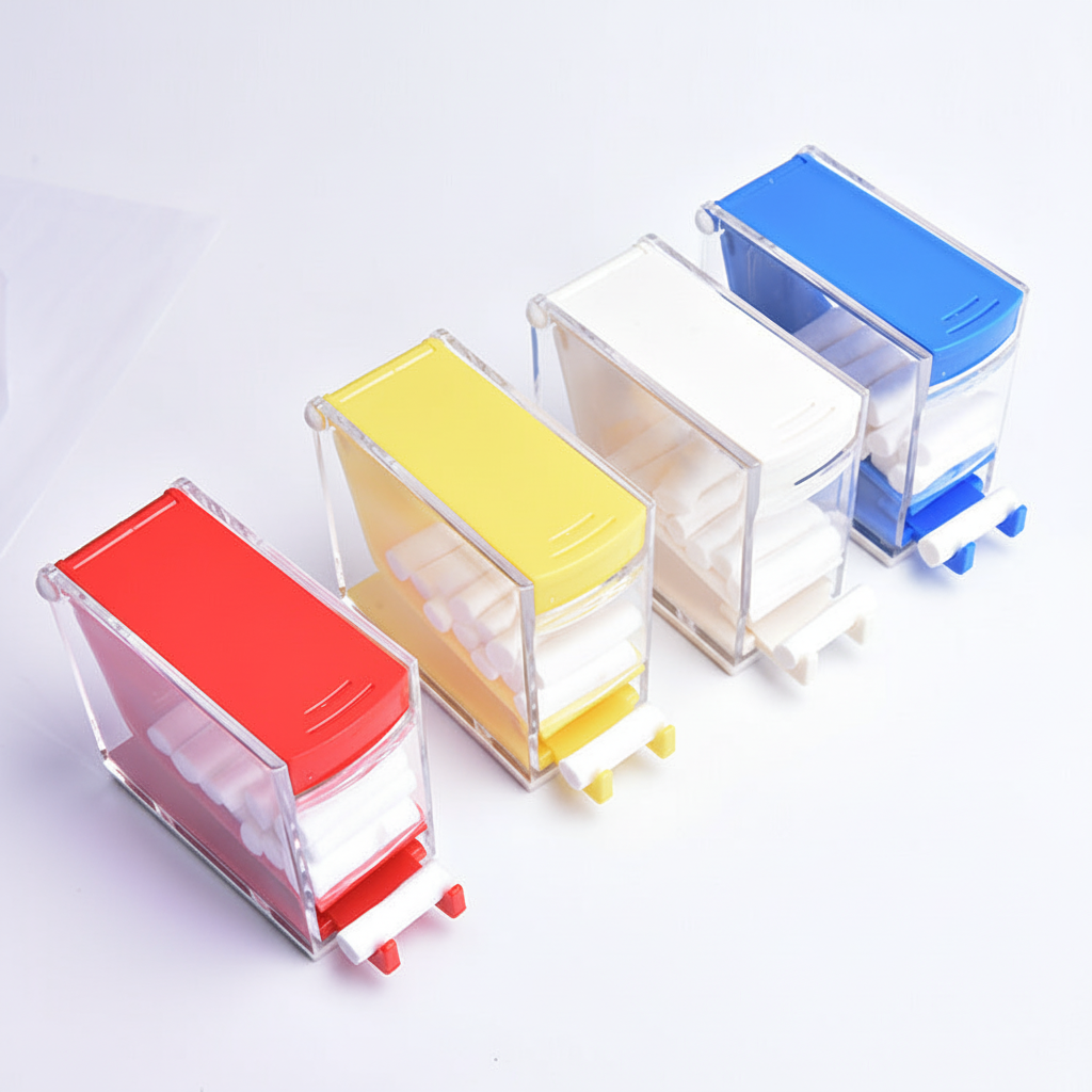 Simple dental pressing-type cotton roll box dispenser in 4 colours