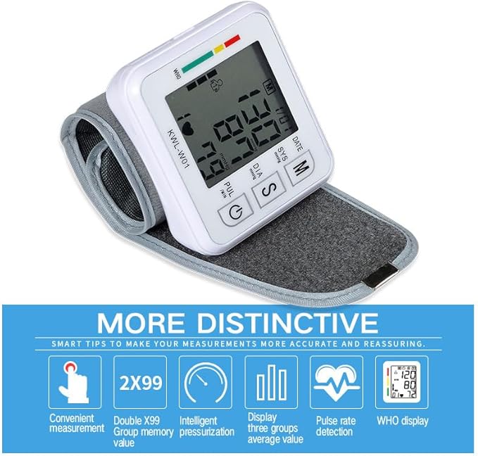 Wrist Blood Pressure Monitor – Digital BP Machine with WHO Indicator, 2×99 Memory & Large LCD Display
