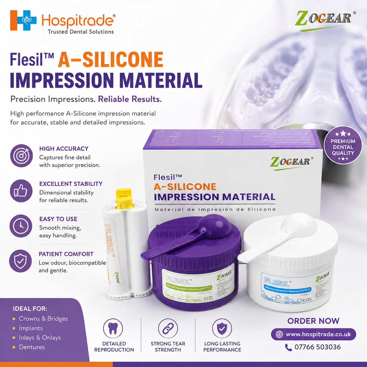 Dental Putty Impression Material – Fast Set Silicone | Catalyst + Base 400+400g & 2x Light Body 50ml